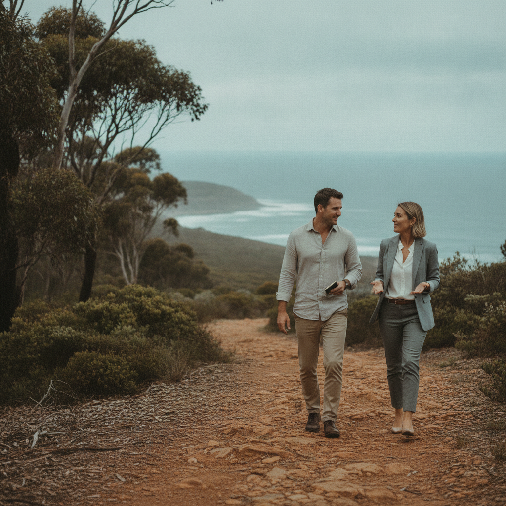 Two professionals in genuine conversation on a coastal trail, a client-entertainment experience