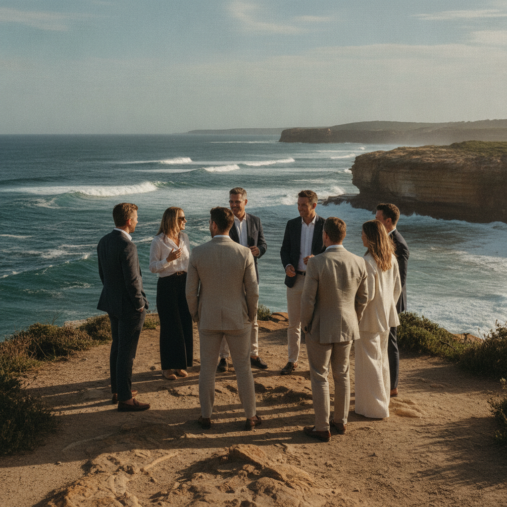 Professionals in conversation on a coastal clifftop client experience